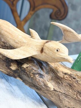 Vintage Hand Carved Triple Dolphin Wooden Sculpture. Sits | Hangs | 18” Coastal